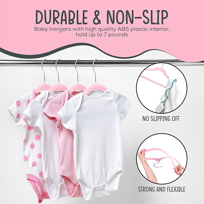 25 Premium Baby Velvet Hangers - 11.8 Inches Non-Slip & Ultra-Slim Baby Hangers for Space-Saving & Children Clothes - 360 Swivel Hook, Strong & Durable Infant & Toddler Clothes Hanger - Pink