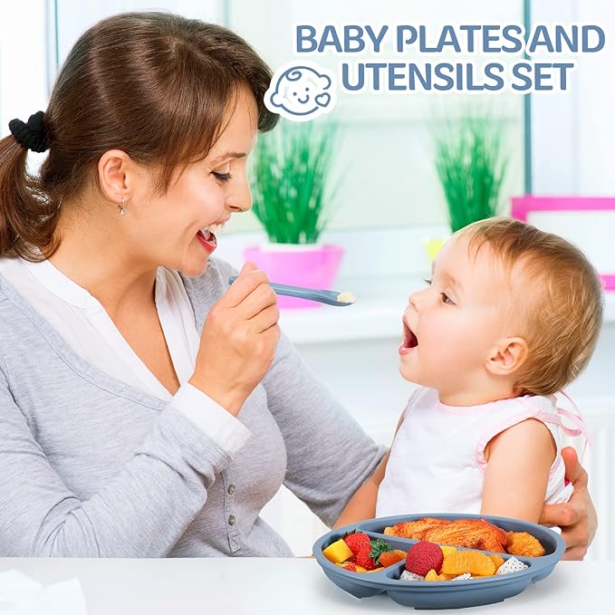 6 Pack Suction Plates for Baby with Spoon Fork Divided Toddler Plate with Suction Silicone Baby Self Feeding Set for Boys Girls (Dark Gray, Army, Dark Blue, Orange, Khaki, Pink)