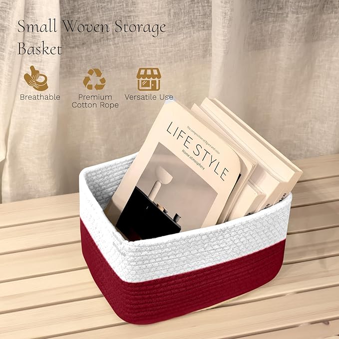Hopegiver 3 Pack Storage Baskets for Organizing with Handle, Woven Baskets for Shelves - Durable Gift Basket for Cloth Toys Books Baby, Cotton Rope Basket for Dog Cat, 11x8x7 Inch(White&Red)