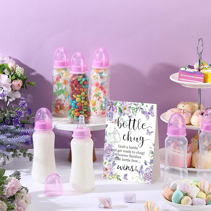TrelaCo Cool Baby Shower Games Sets 12 Pcs Feeding Bottles with 1 Bottle Chug Sign for Gender Reveal Baby Shower Party Favors Decoration Games(Butterfly,Purple)