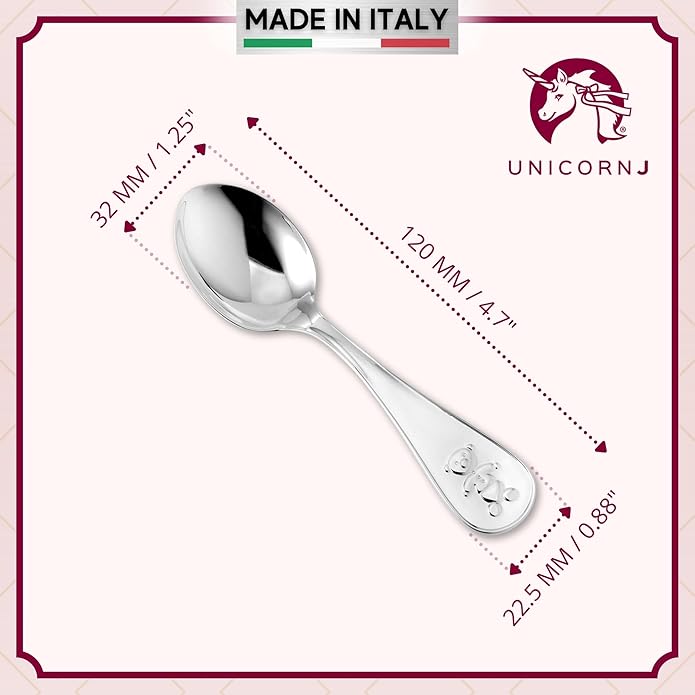 Sterling Silver Baby Spoon Fork Set Teddy Bear Design Personalized Engravable | Complete with Gift Box | Keepsake Gift for Baby | Made in Italy