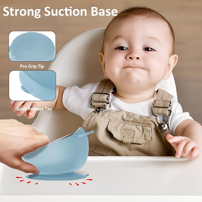 Stainless Steel Baby Bowls with Suction, 2-in-1 SUS304 Toddlers Bowl & Removable Silicone Suction Kids Bowl, Non Toxic Snack Container for Baby Food Feeding, Soft Blue/Sage/Pink/Gray Set of 4