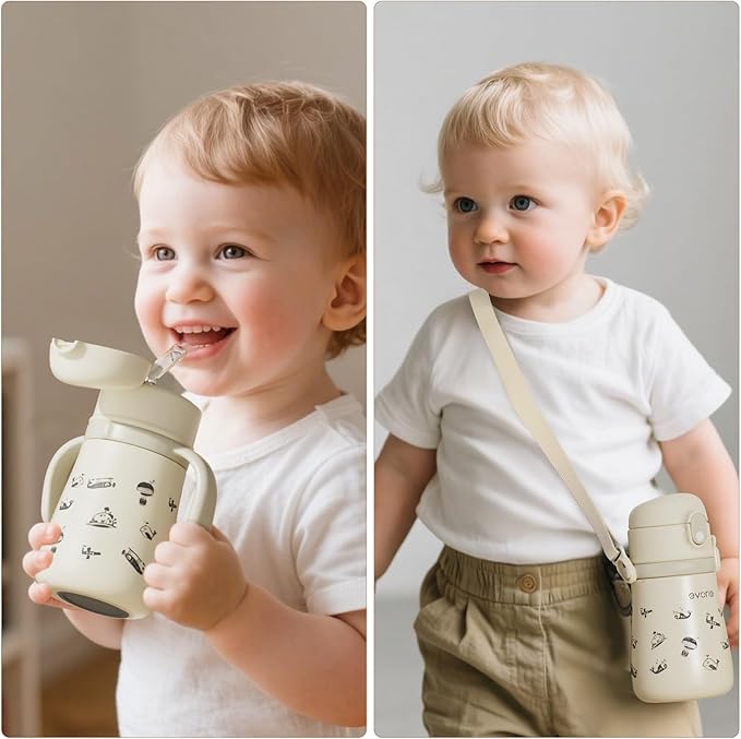 Evorie Leak Proof Vacuum Insulated Water Bottle, 316L Stainless Steel Sippy Cup for Toddlers, 11 oz Straw Cup with Handle & Adjustable Strap, Keeps Drinks Warm or Cold (Travel in Space)