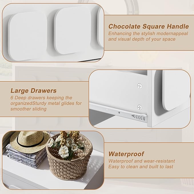 Anbuy White Baby Dresser for Bedroom, Dresser for Baby with 6 Drawers, Storage and Organization Unit with Square Handles for Nursery, Kids Bedroom