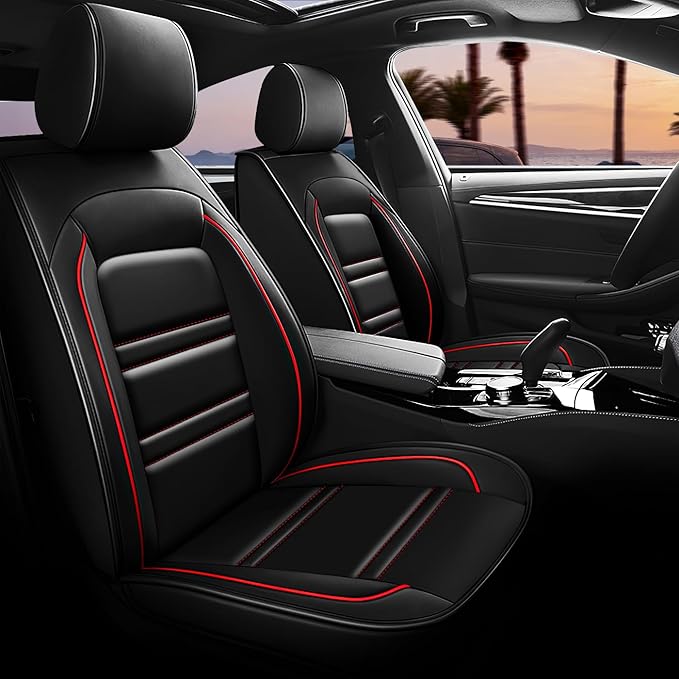 Seat Covers for VW Car Golf 2015-2019 | 5-Seats Leather Seat Covers, Easy to Install Automotive Seat Covers Full Set (Full Set, Black&Red Line)