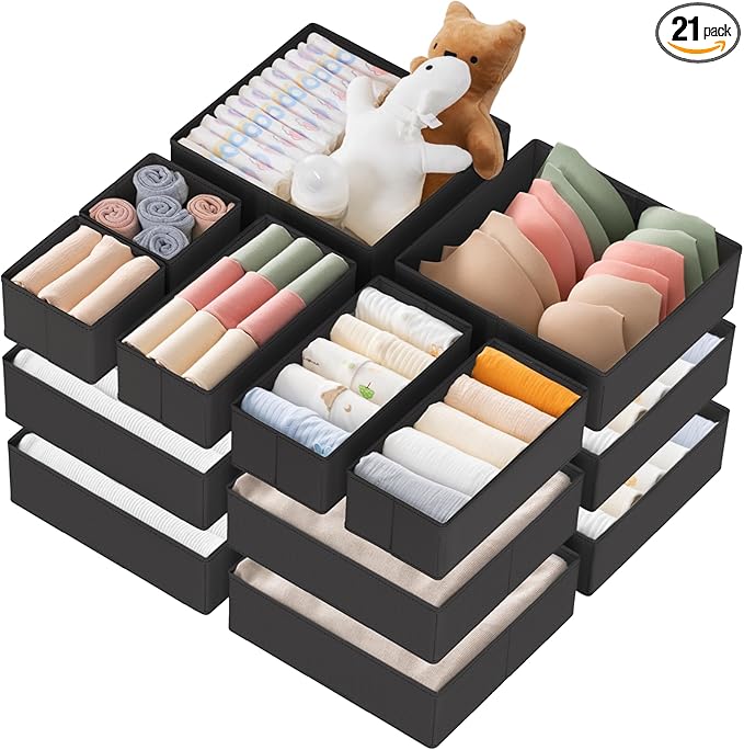 Criusia Drawer Organizer Clothes, 21 Pack Dresser Organizer for Baby Clothes, Underwear, Sock - Foldable Closet Organization and Storage Dividers Bins for Nursery, Bedroom (Black)