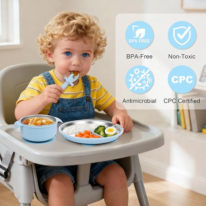 Stainless Steel Kids Plates And Bowls with Suction, Divided Baby Plate And Kid Bowl With Removable, Silicone Baby Plate Feeding Set, Non Toxic & BPA Free (Blue)