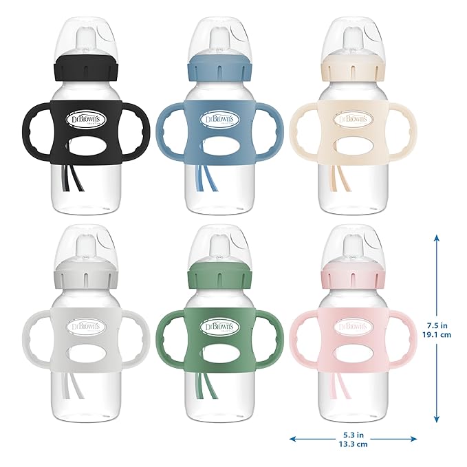 Dr. Brown's Milestones Wide-Neck Sippy Spout Bottle with 100% Silicone Handles, Easy-Grip Handles with Soft Sippy Spout, 9oz/270mL, Green, 1-Pack, 6m+