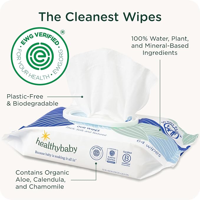 HealthyBaby Our Wet Wipes | EWG Verified Safe | 100% Water & Plant Based | Unscented & Safe for Sensitive Skin | Fragrance Free and Totally Chlorine Free (4 packs, 256 wipes)