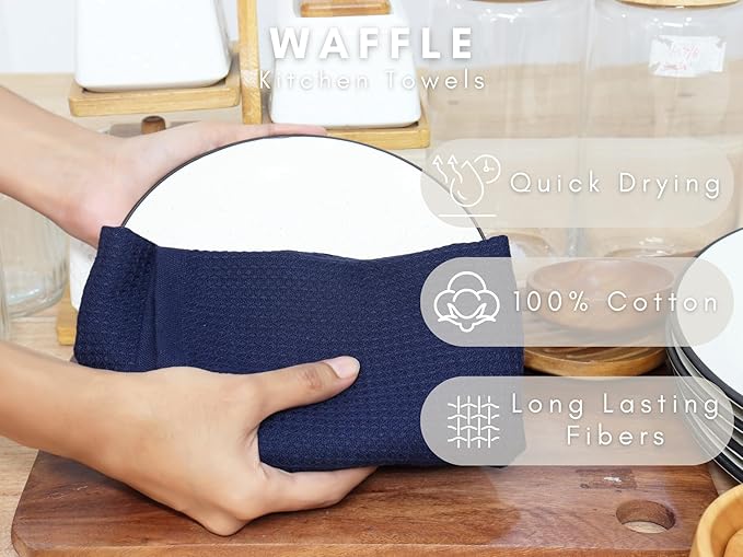 PurpleEssences Waffle Weave Kitchen Towel, 100% Cotton - 15 x 25 Inches, with Hanging Loop Ultra Soft Absorbent Quick Drying Dish Cloth, Tea and Hand Towels, 4 Pack Fall Thanksgiving - Navy Blue