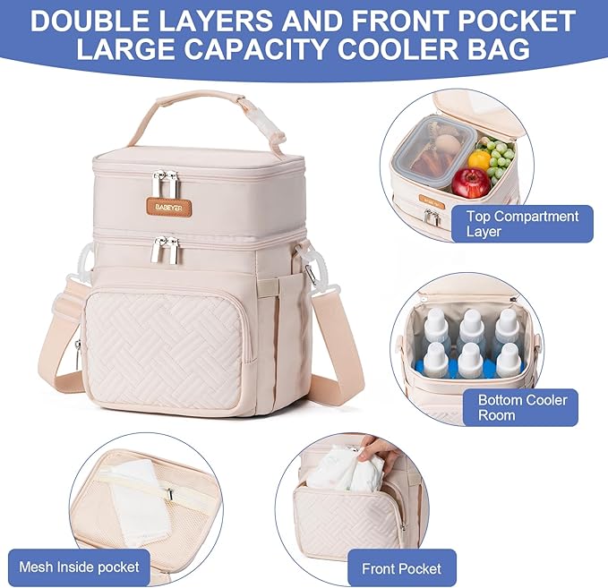Insulated Breastmilk Cooler Bag with Ice Pack - Holds 6x9oz Bottles, Leakproof Double Layer, Bottle Cooler Bag with Adjustable Strap for Nursing Moms, Daycare & Travel
