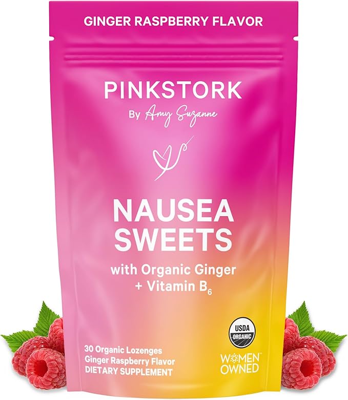 Pink Stork Organic Ginger Raspberry Sweets with Vitamin B6 for Morning Sickness and Motion Sickness, Added Ginger & Vitamin B6, 1st Trimester Pregnancy Must Haves - 30 Wrapped Candies