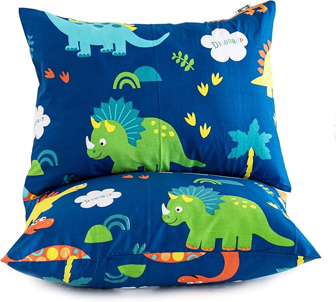 Cottonblue Toddler Pillow, Kids Pillows for Sleeping 14 x 19 Inches, Kids Pillow with Soft Cotton Pillowcase, Machine Washable, Perfect for Travel Toddlers Cot, 2 Pack, Blue Dinosaur
