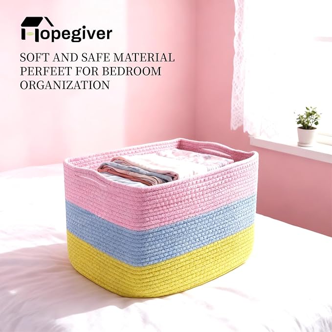 Hopegiver 3 Pack Storage Baskets for Organizing with Handle, Woven Baskets for Shelves - Durable Gift Basket for Cloth Toys Books Baby, Cotton Rope Basket for Dog Cat, 15x11x10 Inch(Pink&Blue&Yellow)