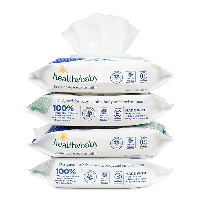 HealthyBaby Our Wet Wipes | EWG Verified Safe | 100% Water & Plant Based | Unscented & Safe for Sensitive Skin | Fragrance Free and Totally Chlorine Free (4 packs, 256 wipes)