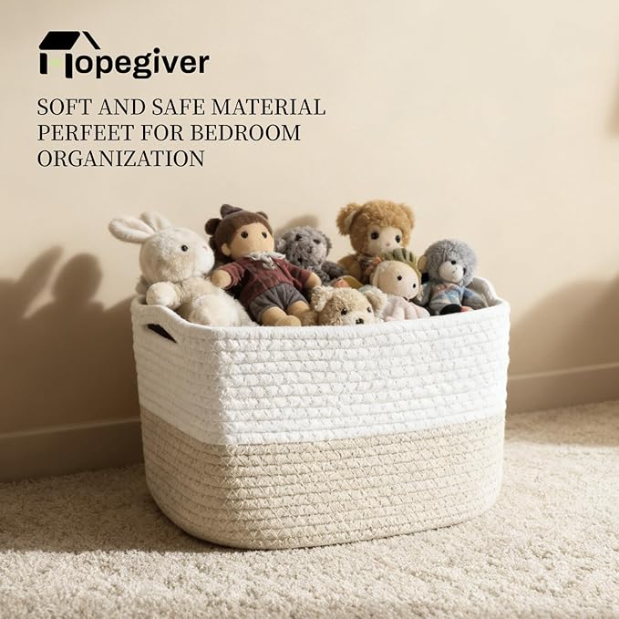 Hopegiver 3 Pack Storage Baskets for Organizing with Handle, Woven Baskets for Shelves - Durable Gift Basket for Cloth Toys Books Baby, Cotton Rope Basket for Dog Cat, 11x8x7 Inch(White&Khaki)