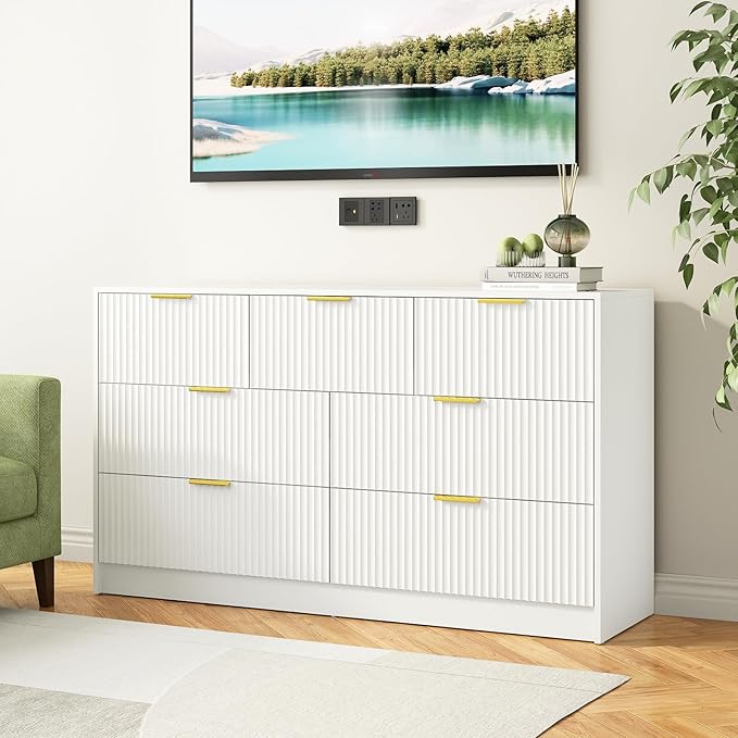 7 Drawers Dresser for Bedroom,55" Wide Fluted Dresser with Deep Drawers, Modern Chest of Drawers, Wood TV Stand Storage Organizer for Closet, Living Room, Hallway, White
