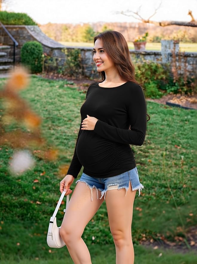 Maternity Shirts Long Sleeve Pregnancy Top for Women with Crew Neck Casual Tee Shirts