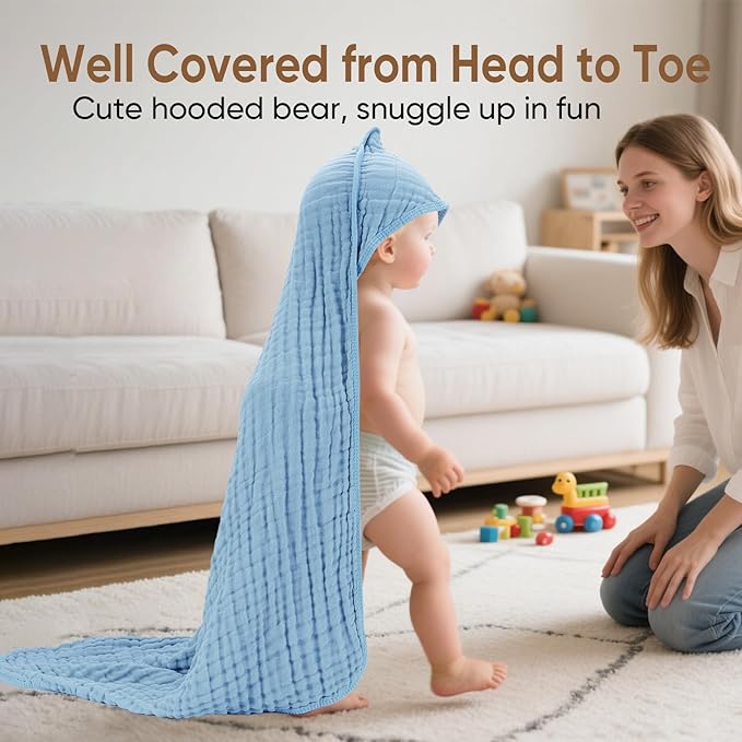 Muslin Baby Towels 100% Cotton ，Super Soft Muslin Baby Bath Towel - 32 x 32 Inches, Suitable for Newborn and Young Children up to 3 Years Old. (Light Blue & Dark Blue)