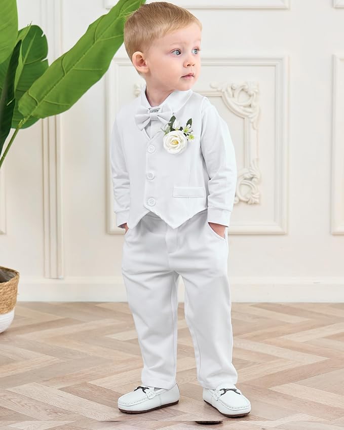 Coco&RARA Baby Boy Clothes Suits Infant Gentleman Outfits, Formal Dress Shirt+Vest+Corsage+tie+Pants Baby Suit Set 0-18M