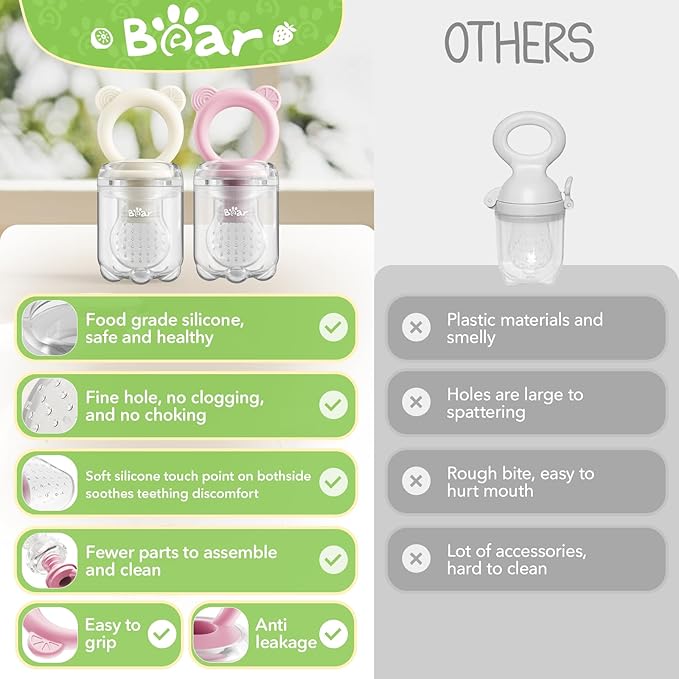 Bear Baby Fruit Food Feeder & Mini Freezer Nibble Tray Combo, 2 Pack Breastmilk Popsicle Molds for Baby Teething Relief, BPA Free Silicone Feeder for Safe Infant Self Feeding, Dishwasher Safe, Pink