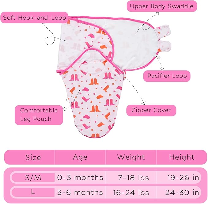 LollyBanks Baby Swaddles 100% Organic Cotton, 0-3 Months Baby Girl Swaddles with Easy Change Zipper, Swaddle Sack for Newborn Girls (Pink Boot Print)