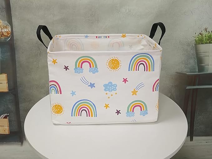 Rectangle Foldable Gift Laundry Basket, Storage for Dirty Cloth, Toys Nursery, Kids Clothes, Hamper With Handles for Home Decor (REC-Rainbow)