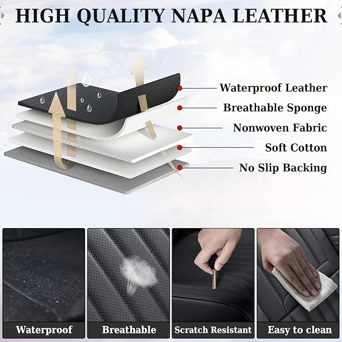 Coverado Car Seat Covers Full Set, Seat Covers for Cars, Black Car Seat Cover, Nappa Leather Car Seat Cushion, Car Seat Protector, Waterproof Car Seat Covers Front Seats and Back Fit for Most Cars