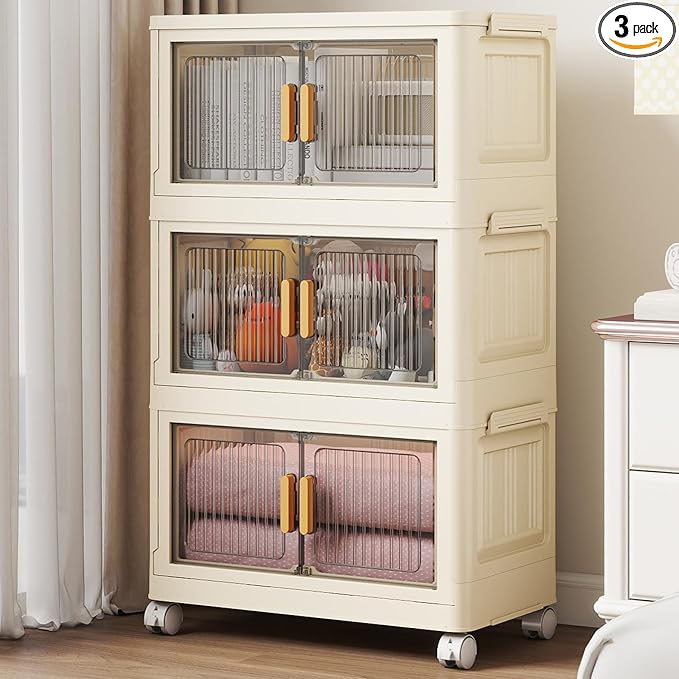 3 Tier Stackable Plastic Storage Bins with Lids 28QT, Collapsible Closet Organizers and Storage with Wheels for Living Room,Office,Dorm