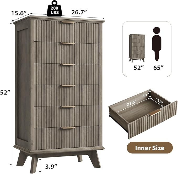 QUW Fluted 6 Drawer Dresser for Bedroom, Modern Tall Chest of Drawers with Metal Handle, Large Wood Storage Chest Organizer Accent Storage Cabinet for Living Room, Hallway, Entryway, Gray