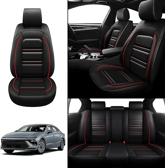 Seat Covers for Hyundai Car Sonata 2002-2025 | 5-Seats Leather Seat Covers, Easy to Install Automotive Seat Covers Full Set (Full Set, Black&Red Line)