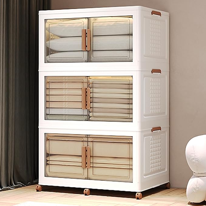 480Qt/120Gal Extra Large Stackable Storage Bins with Lids and Divider, 3Pack Collapsible Drawers with Doors, Foldable Cabinet with Wheels, Plastic Closet Organizers Containers for Home, Dorm