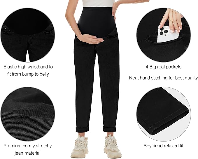POSHGLAM Women's Maternity Jeans Over Belly Comfy Stretch 28'' Boyfriend Jeans Loose Pregnancy Pants, S-XXL