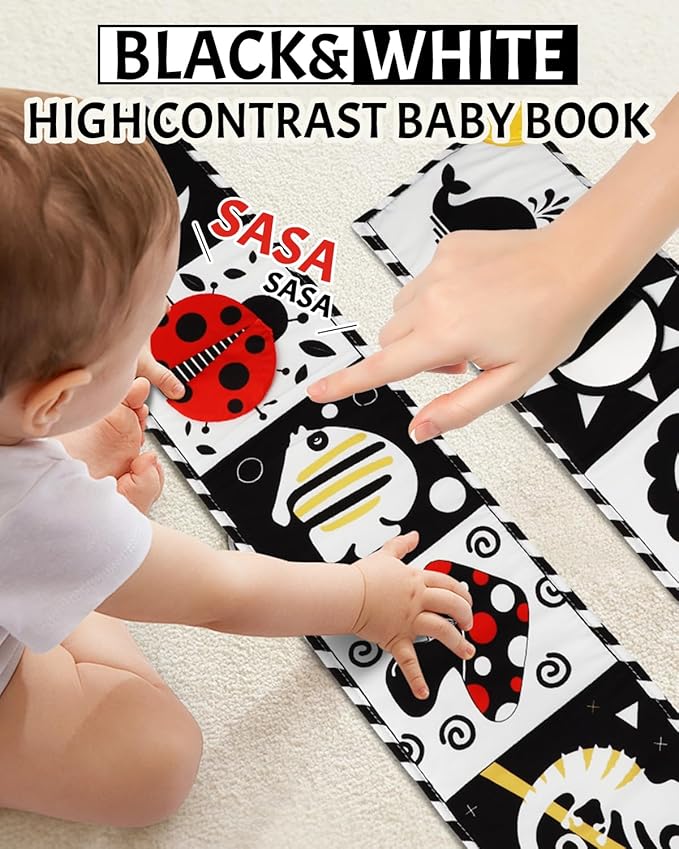 Tummy Time Toys, High Contrast Baby Book with Mirror & Teether, Black and White Infant Books, 0-6-12 Months Soft Book for Newborn, Sensory Books, Tummy Time Car Seat Toys 0-6 Month Boy Girl Gift