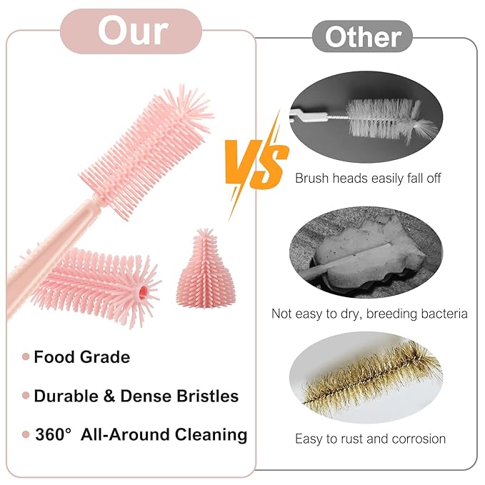 6 in 1 Baby Bottle Cleaner Set with Drying Rack,Silicone Baby Bottle Brush,Straw Brush,Nipple Brush,Soap Dispenser and Storage Box, Portable Baby Essentials for Home&Travel(Pink)