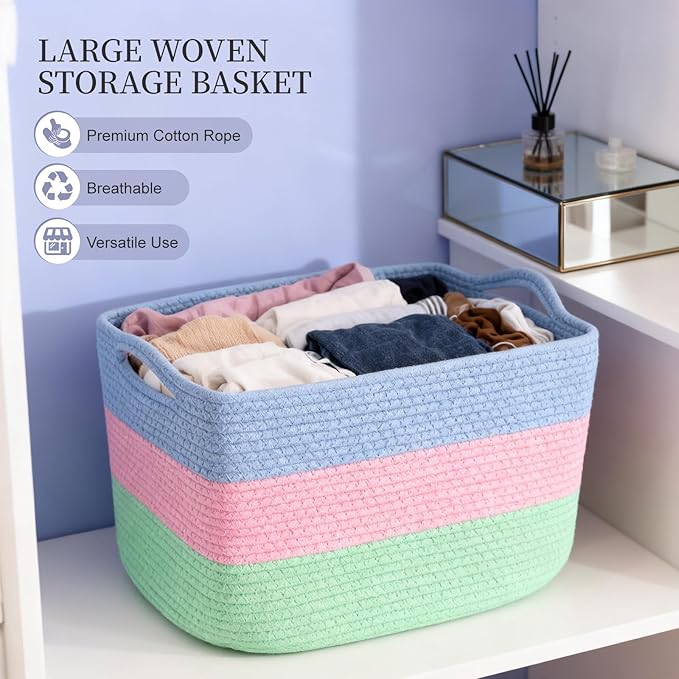 Hopegiver 3 Pack Storage Baskets for Organizing with Handle, Woven Baskets for Shelves - Durable Gift Basket for Cloth Toys Books Baby, Cotton Rope Basket for Dog Cat, 15x11x10 Inch(Blue&Pink&Green)