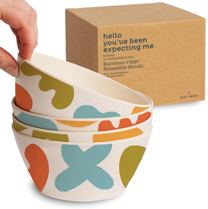 Nook Theory 4 Pack Bamboo Bowls - 22 Oz Reusable Bowl, Dishwasher Safe - Not Microwavable Bamboo Dishes (Clayday)