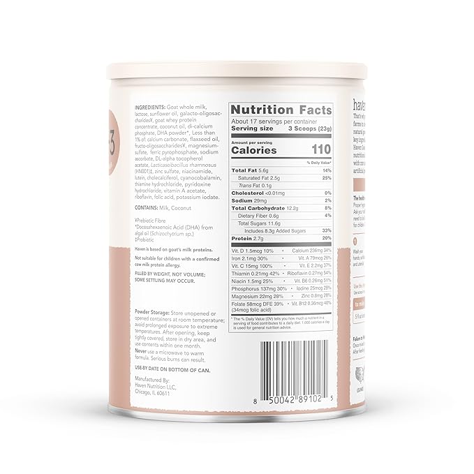 Haven Goat Toddler Formula, Grass Fed Whole Goat Milk Powder for Toddlers With Probiotics, Prebiotics, Lutein and Omega 3 Dha, Easy Digestion Formula, Non GMO, American Made, 14.1 Oz