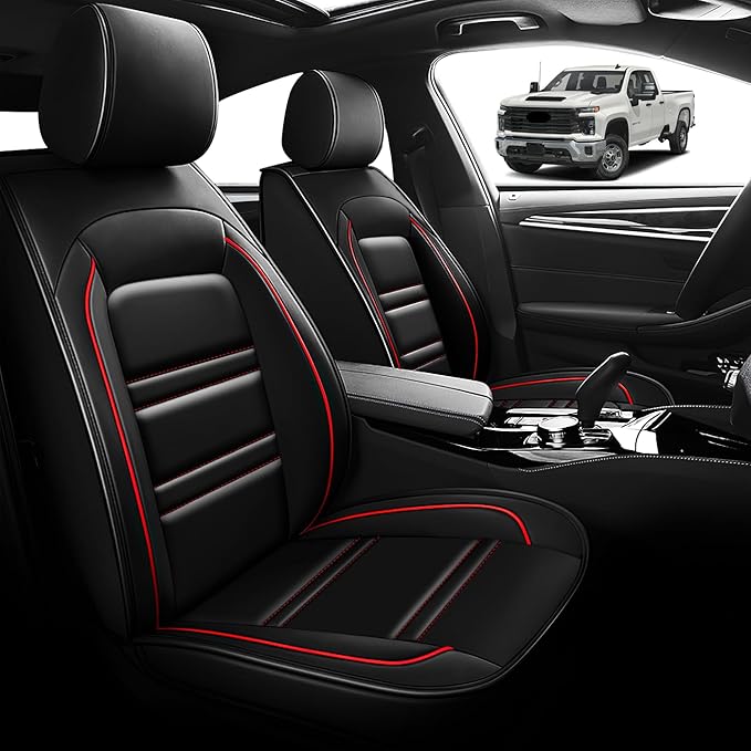 Seat Cover for Chevy Silverado 2500 2007-2025 | Car Seat Covers Front Seats, Waterproof Seat Protectors, Automotive Front Seat Covers (Front Seat, Black&Red Line)