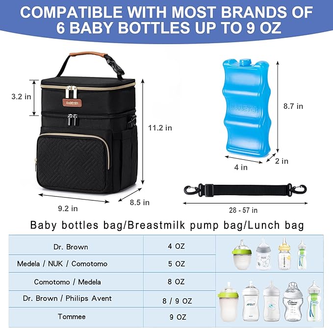 Insulated Breastmilk Cooler Bag with Ice Pack - Holds 6x9oz Bottles, Leakproof Double Layer, Bottle Cooler Bag with Adjustable Strap for Nursing Moms, Daycare & Travel