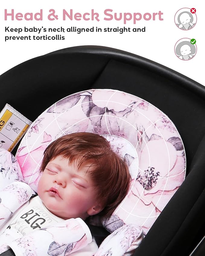 Infant Car Seat Insert, Enlarged Head Support for Baby Carseat, Reversible Newborn Insert with 3 Strap Covers, 2-in-1 Baby Car Seat Cushion for Stroller, Swing, Bouncer, Rocker - Pink Floral
