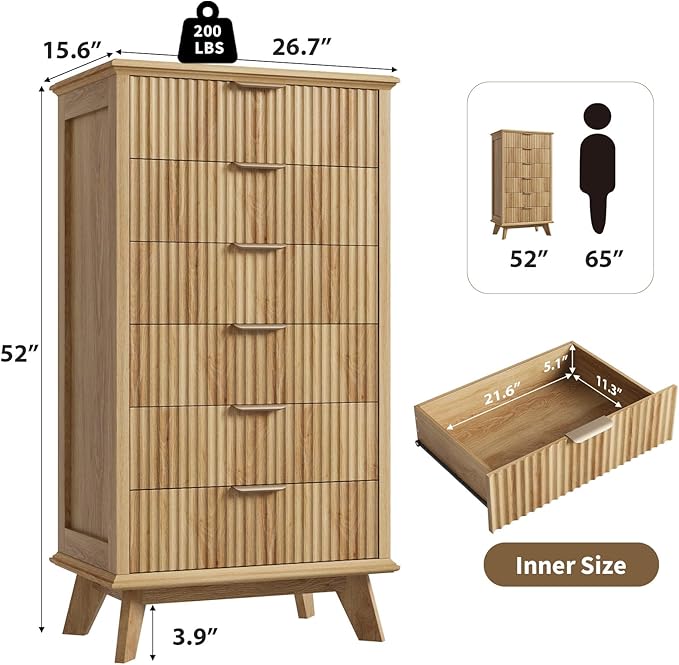 QUW Fluted 6 Drawer Dresser for Bedroom, Modern Tall Chest of Drawers with Metal Handle, Large Wood Storage Chest Organizer Accent Storage Cabinet for Living Room, Hallway, Entryway, Natural Oak