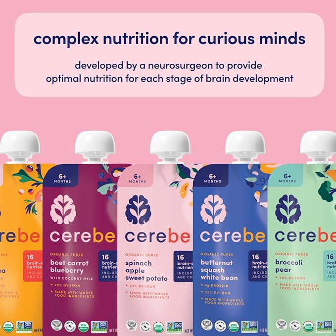 Cerebelly Organic Baby Food Pouches, Spinach Apple Sweet Potato Purees, 16 Nutrients, No Added Sugar, Fiber & Non-GMO, 4oz, 12 Pack