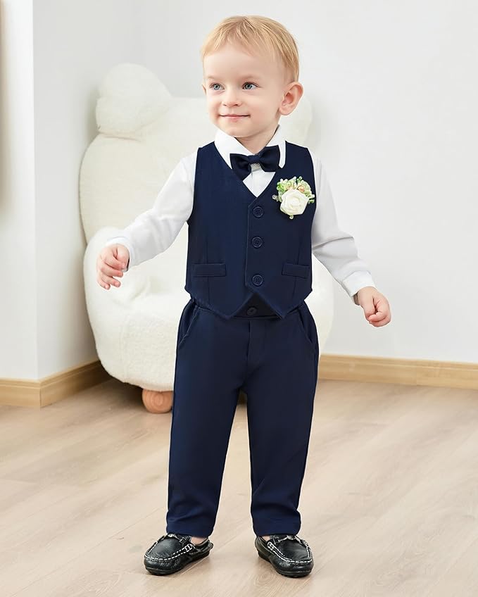 SANMIO Baby Boy Clothes Suits Infant Gentleman Outfit Collared Dress Shirt+Vest+Tie+Corsage+Pants 5Pcs Baby Suit Sets