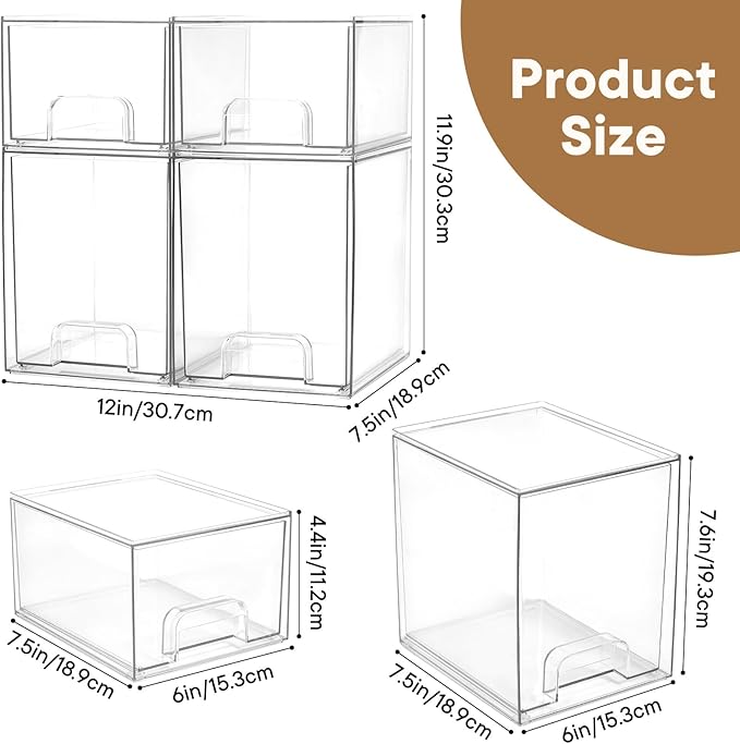 Baby Bottle Organizer, 4 Pack Clear Space-Saving Stackable Drawer with Handle, Baby Bottle Storage Organizer for Countertop and Cabinet