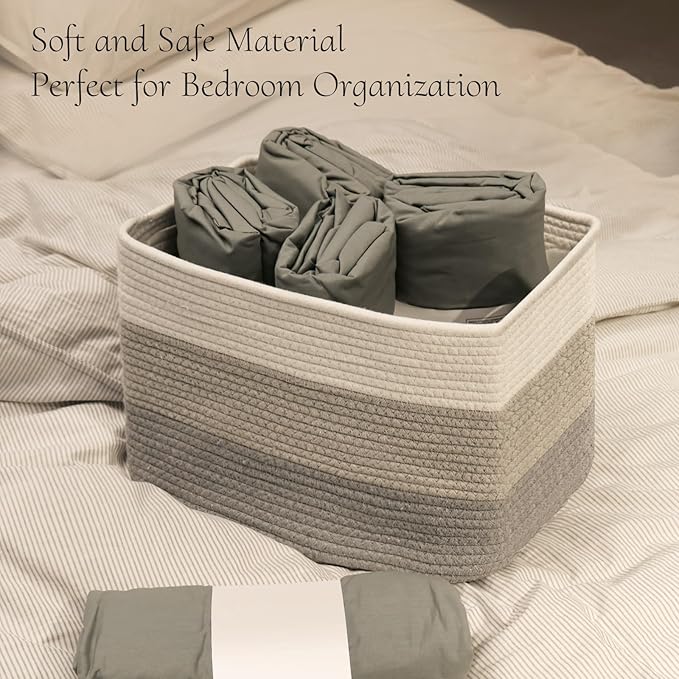 Hopegiver 3 Pack Storage Baskets for Organizing with Handle, Woven Baskets for Shelves - Durable Gift Basket for Cloth Toy Baby, Cotton Rope Basket for Dog Cat, 15x11x10 Inch(White&Light-Gray&Gray)