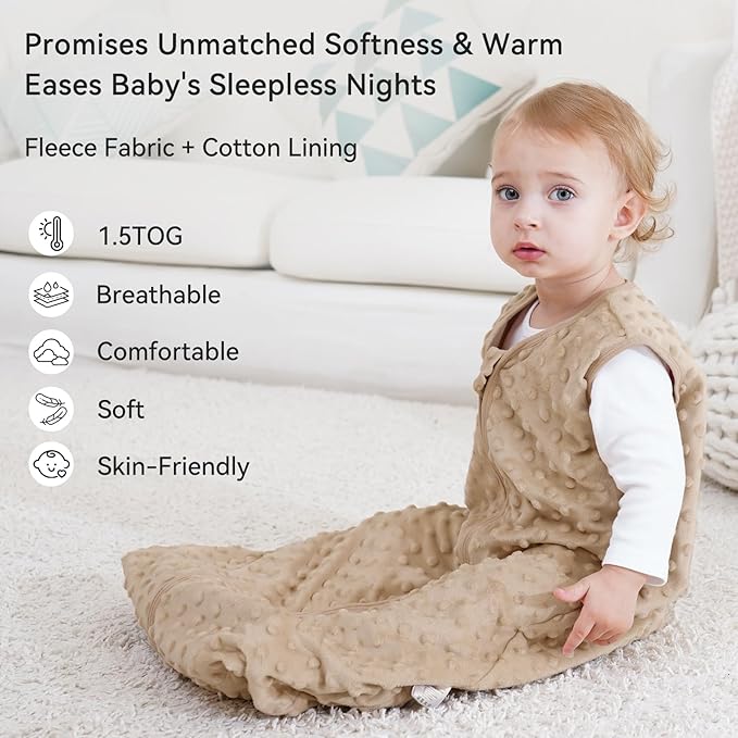 Fleece Baby Sleep Sack 18-24 Months with Plush Dots 1.5 Tog Baby Wearable Blanket with 2-Way Zipper Warm Sleeping Sack for Toddler Infant - XLarge, Coffee