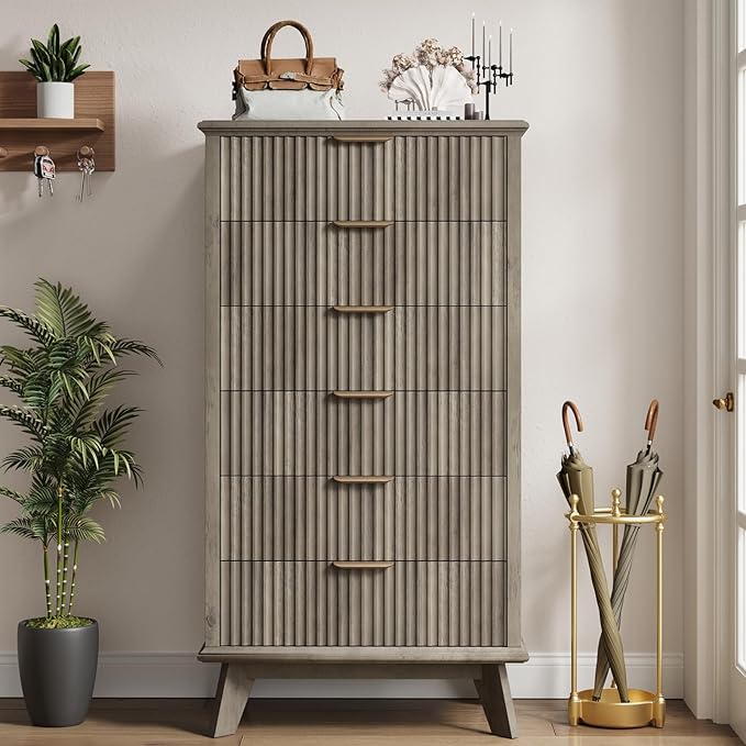QUW Fluted 6 Drawer Dresser for Bedroom, Modern Tall Chest of Drawers with Metal Handle, Large Wood Storage Chest Organizer Accent Storage Cabinet for Living Room, Hallway, Entryway, Gray