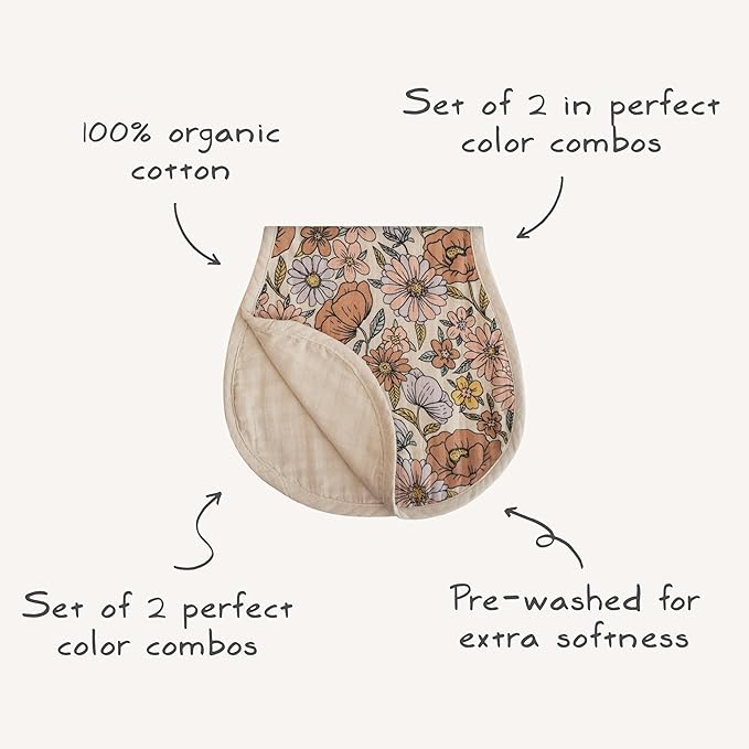 mushie Muslin Baby Burp Cloths | 100% Organic Cotton, Set of 2 (Retro Flowers/Fog)
