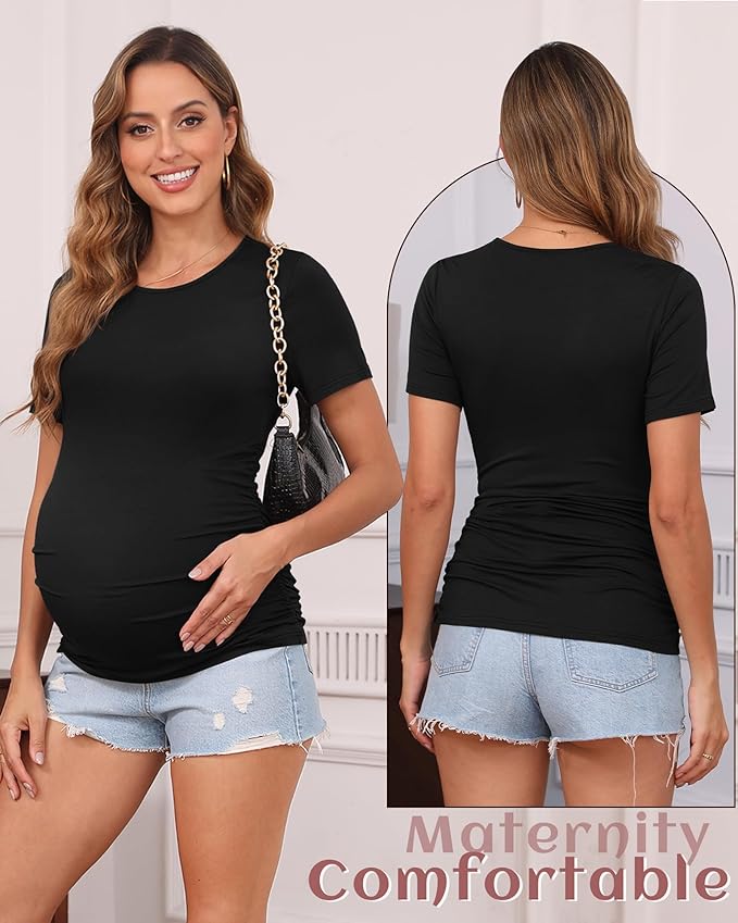 Huukeay 4 Pack Women's Maternity Shirts, Crew Neck Maternity Top Short Sleeve Casual Cotton Tee Side Ruched Pregnancy Clothes